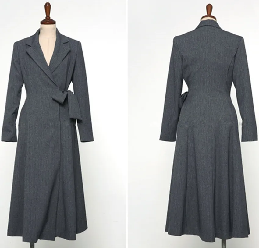 HAMALIEL High Quality Autumn Winter Skirt Long Trench Coat Women Elegant Gray Turn Down Collar Lace Up Fashion OL Windbreaker