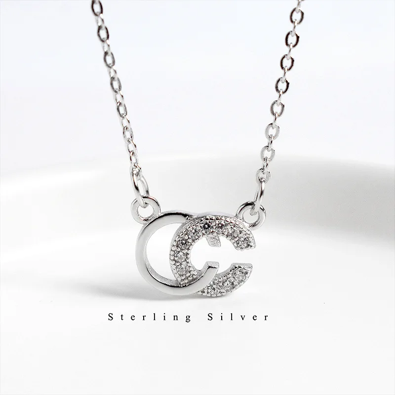 

S925 Fine Silver Double C Lettered Necklace Women's Korean-style Simple Cool C Hoker Choker Online Celebrity Elegant Accessories