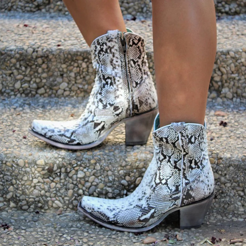 

Print Snake Pu Women Ankle Boots Zip Pointed Toe Footwear Thick High Heels Female Boot Shoes Women 2019 Bota Feminina Size 35-43
