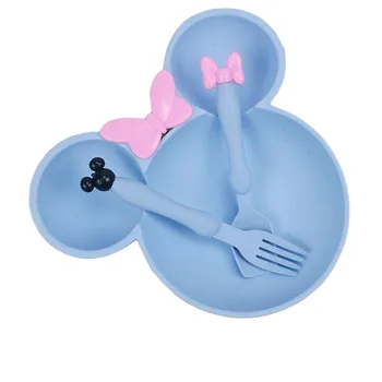 

3 Pcs Baby Tableware Wheat Straw Separate Design Cartoon Animal Pattern Non-slip Bottom Training Tood