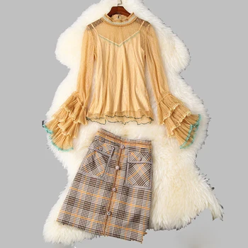 

TOP QUALITY Newest 2020 Stylish Runway Suit Set Women's Butterfly Sleeve Embroidery Gauze Blouse Top Plaid skirt Set