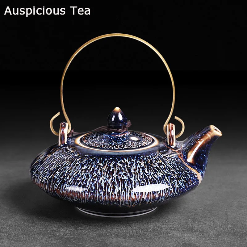200ml Ceramic Lifting Beam Pot Kiln Changing Tianmu Glaze Make Tea Pot