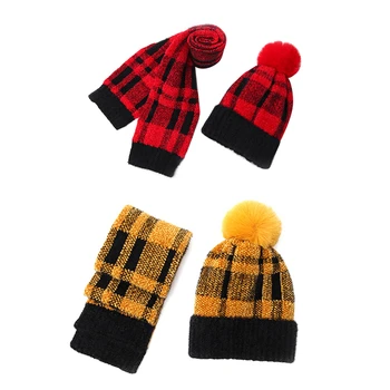 

Plaid Scarf Set Winter Warm Wool Hat Plus Velvet Girl Hat Set