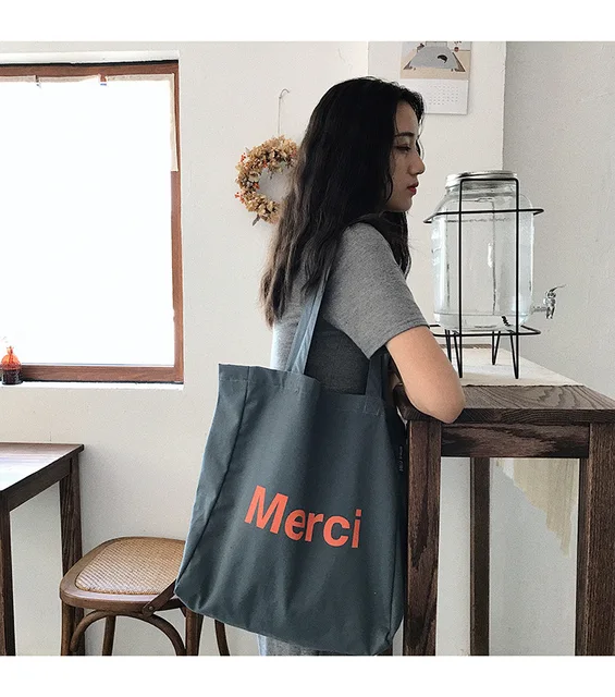 Merci Women Big Canvas Shoulder Bags French Print Eco Friendly Grocery  Shopping Bag Cotton Cloth Handbag Casual Tote For Ladies - AliExpress