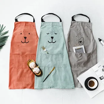 

Ins cotton and linen simple cartoon sleeveless apron fabric kitchen anti-fouling overalls clothing cover literary cafe