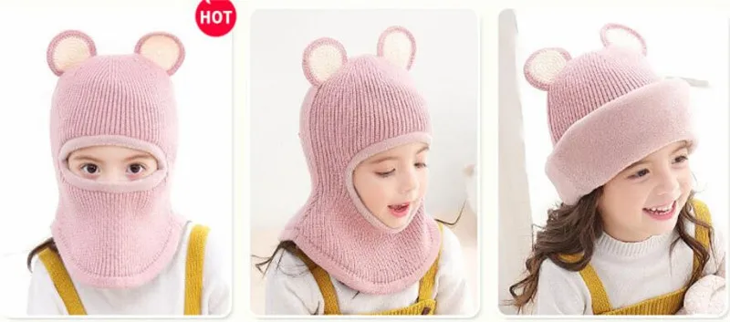 Kid Hat And Scarf Child Knit Short Plush Hooded Scarf Winter Warm Protection Ear Cap Circulal Scarves Girl Boy Accessories