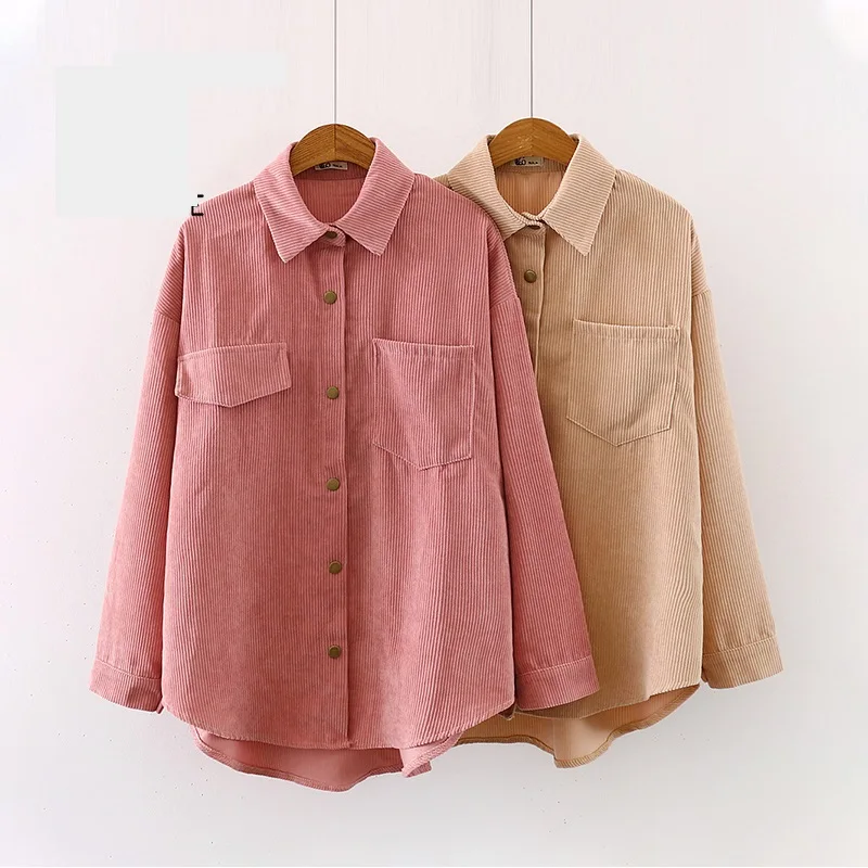 

New Women Solid Corduroy Batwing Sleeve Vintage Blouse Turn-Down Collar Loose Top Button Up Pink Shirt Feminina Blusa