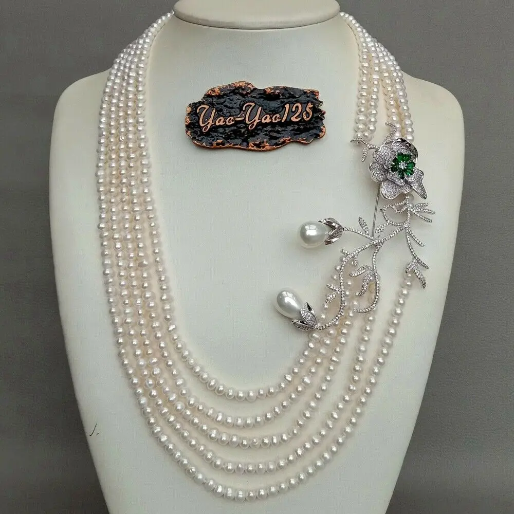 

18" 4 Strands Cultured White Pearl Statement Necklace CZ Pendant