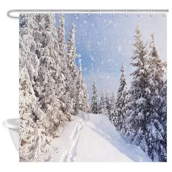 

Winter Forest Shower Curtain Nature Scenery, Winter Landscape with Snow Drifts and Footpath in Mountain Jungle Bathroom