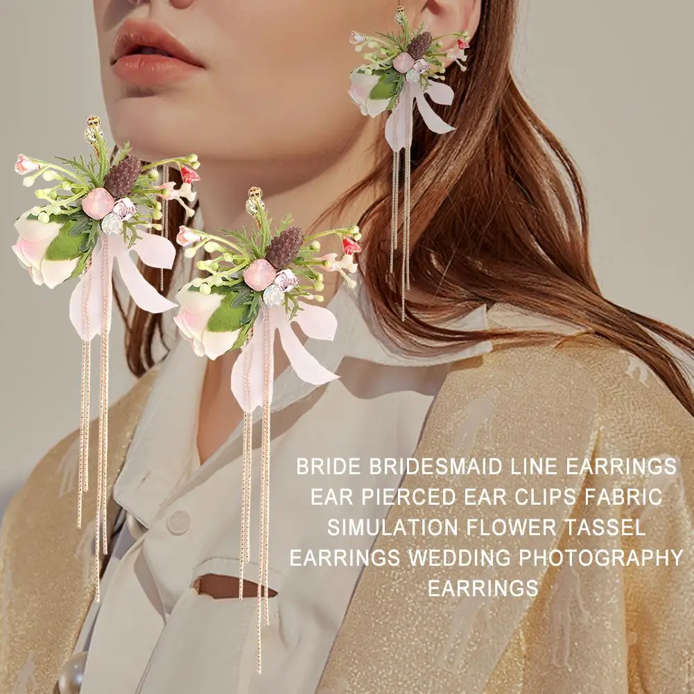Ear Clips Bride Bridesmaid Fabric Simulation Flowers Fringed Earring For Women Fashion Jewelry Hanging Earrings Jewelry Dropship