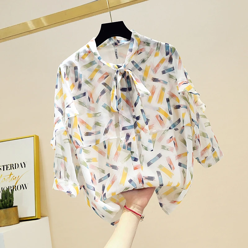 

Nancylim Women Three Quarter Sleeve Blouse Summer Autumn Shirt Blusas Mujer De Moda 2020 Bow Collar Print Shirts Tops Femme 2XL