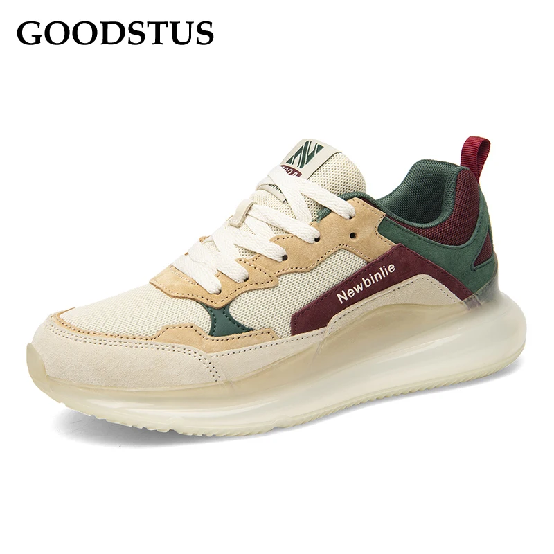 

GOODSTUS Men Sneaker Retro Mesh Leather Breathable Thick Crystal Sole Comfortable Height Increase Male Clunky Sneaker