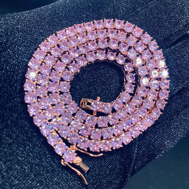 

Hip Hop Bling Iced Out Tennis Chain Necklace 1 Row Pink CZ Stone Link Chain Chokers Necklaces for Women Men Rapper Jewelry