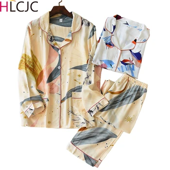 

2020 Spring New Ladies Pajamas Set Floral Printed Soft Sleepwear Cotton Simple Style Women Long Sleeve+Pants 2Piece Set Homewear