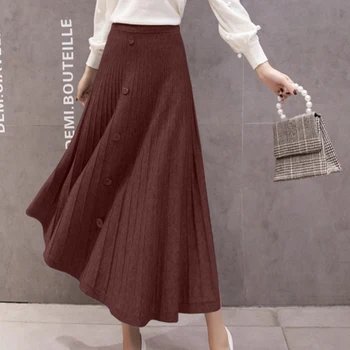 

Autumn Winter Female Buttons Skirts High Waist Women Pleated Skirt Elegant Office Ladies Skirts