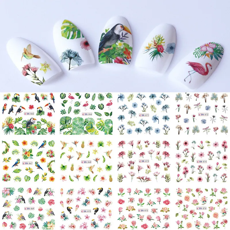 12 Дизайнов/листов в партии переводные наклейки для ногтей, слайдер, полное покрытие, цветок солнца, Маргаритка, лилия, жасмин, Примула - Цвет: BN865-876