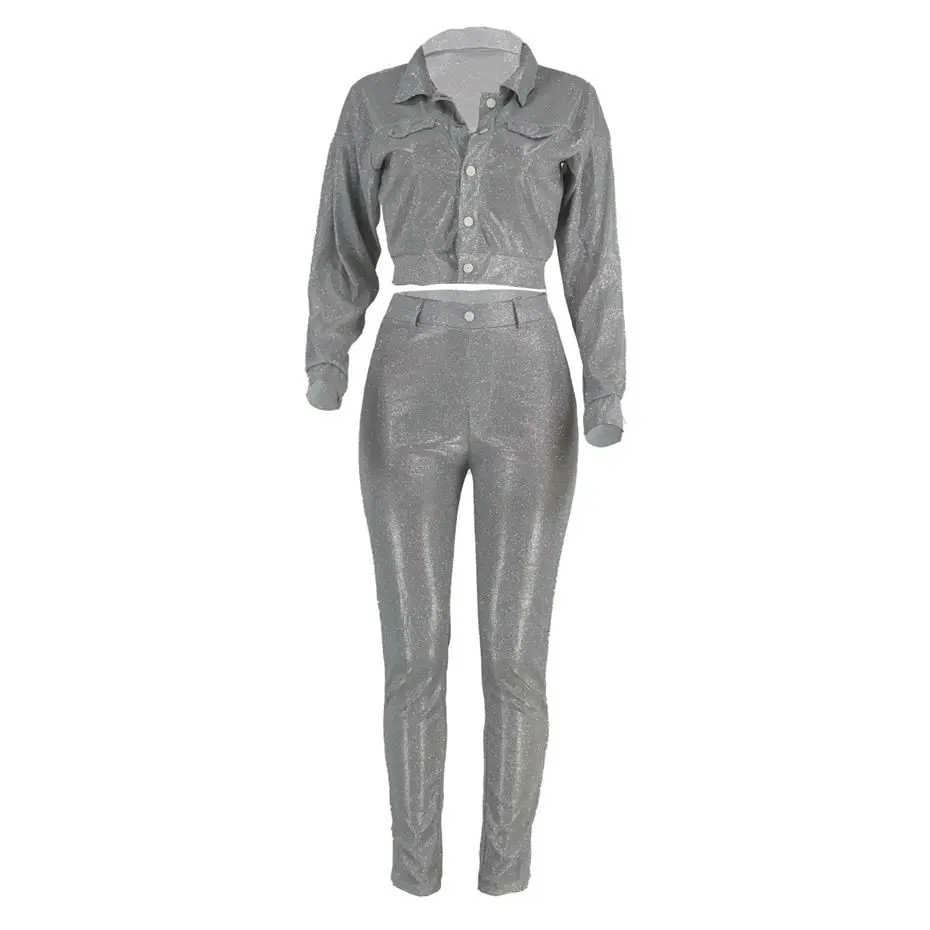 Silver HAOYUAN Sexy Shiny Two Piece Set Women Fall Festival Clothing Crop Jacket Top Pant Birthday Club Outfits 2 Piece Matching Sets - Color: Silver