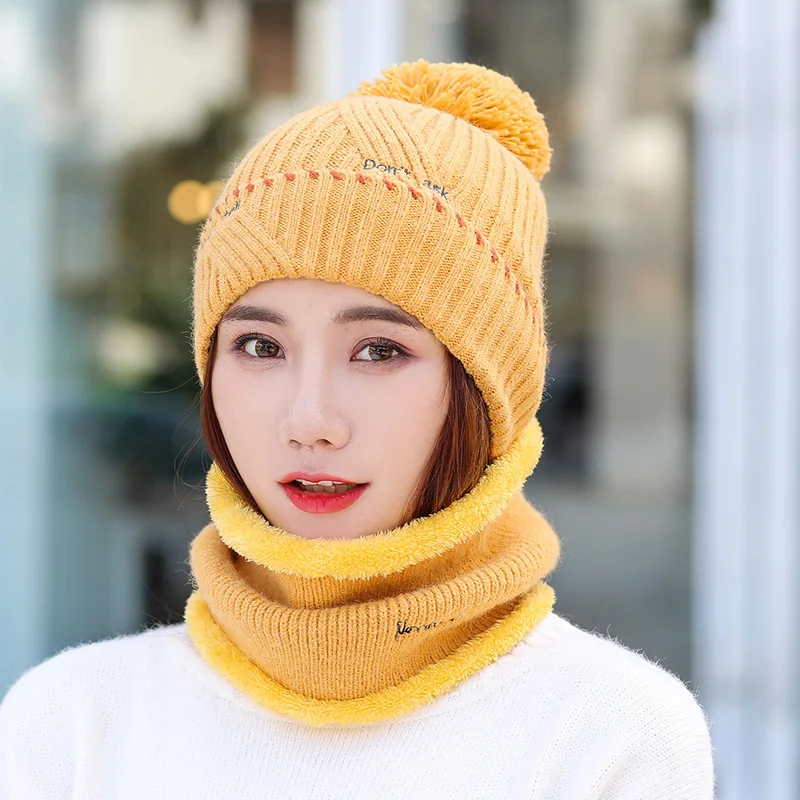 yellow Новая брендовая шерстяная меховая шапка с помпоном зимняя женская шапка для девочек, теплые вязанные шарф и шапка, комплект для девочек, теплая Женская шапка - Цвет: yellow