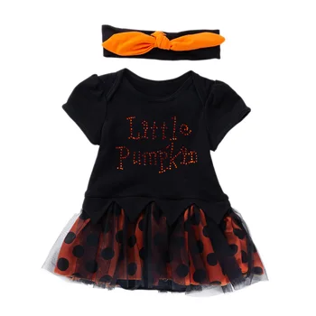 

Gauze Halloween Short Sleeve Letter'Little Pumpkin' Dress Set Child Baby Clothing