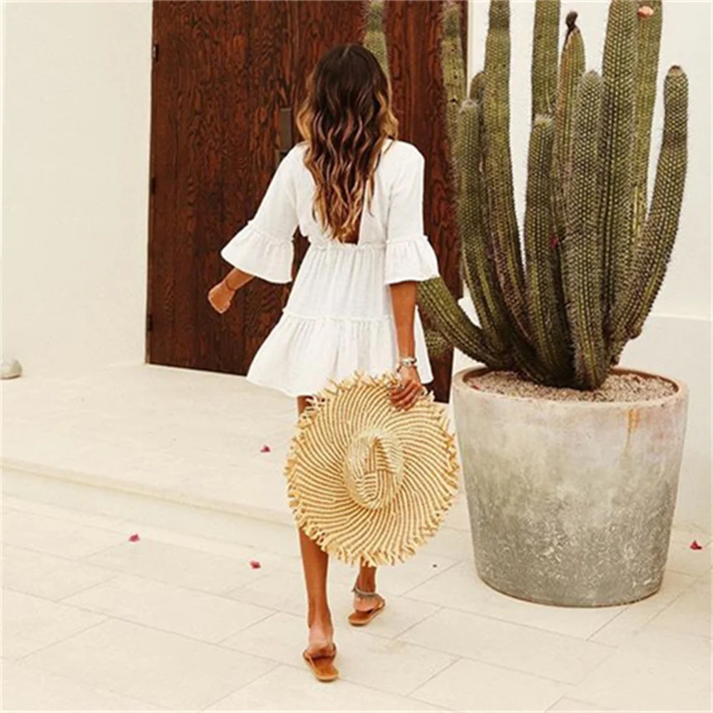 bathing suit skirt cover up Loose White Beach Dress Women Bikini Cover Up Flare Sleeve Bohemian Bathing Suit Sundress Ruffle Deep V Backless Neck Hem Dress mesh bathing suit cover up