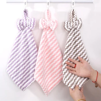 

Striped Bowknot Coral Velvet Hand Towel Super Soft Absorbent Hanging Bathroom Kitchen Towel Cleaning Cloth Dishcloth 30x30cm 1PC