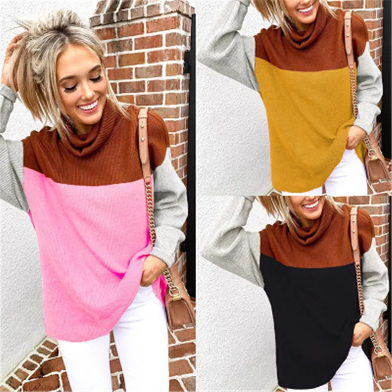 

Turtleneck Fashion Patchwork Knitted Sweater Women Pullovers Contrast Color Streetwear Sweaters Tops Autumn Winter Pull Femme