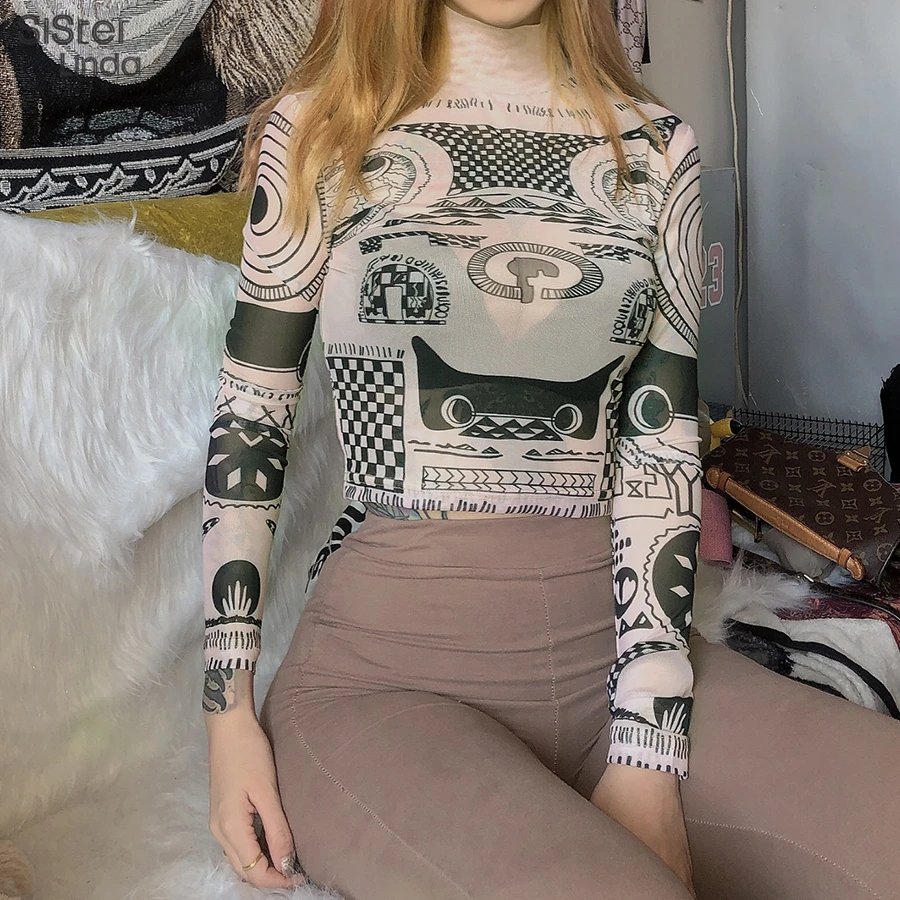 Сексуальные женские топы из прозрачной сетки с принтом в готическом стиле панк,, облегающая футболка с длинным рукавом и принтом, Женский Топ с высоким воротом