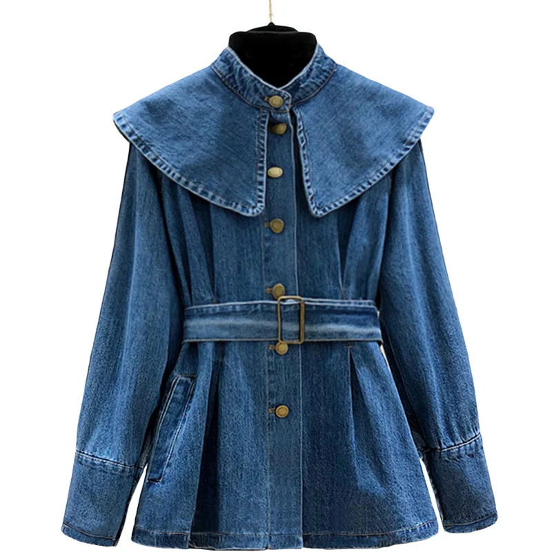 

DANCING WINGS Women Denim Blouse peter pan collar flare sleeve solid loose Jeans Shirts top women
