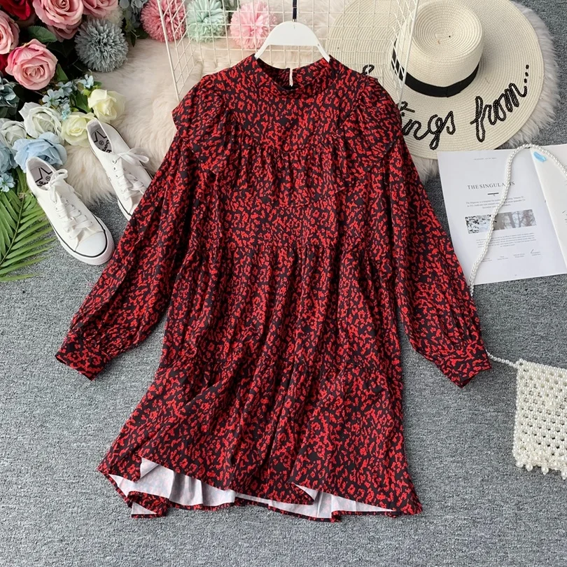 

TYHRU Summer Floral Round Neck Ruffle Lantern Sleeve Long Sleeve Dress