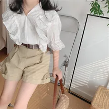 Ensemble de vêtements d'été en dentelle pour filles, chemisier + short + ceinture, col en v, Simple, épissure, vêtements pour bébés et enfants