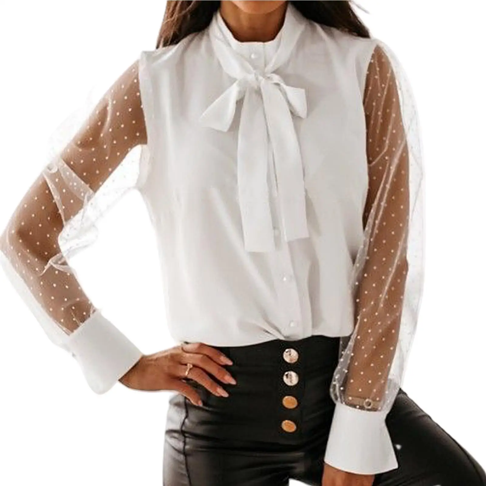 Women See Through Retro Dot Print Mesh Long Sleeve Buttons Bowknot Female Shirt  Woman Blouse And Top 1