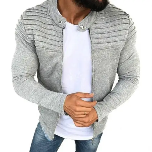 Light Gray Модная мужская приталенная однотонная плиссированная куртка с длинными рукавами на молнии, пальто, верхняя одежда - Цвет: Light Gray