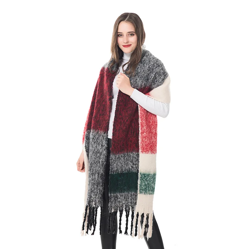 TagerWilen, роскошный бренд,, зимний шарф, женский, вязанный, шерсть, шарфы, плотный, теплый, в клетку, шаль, шарф, пончо, Пашмина, с кисточками - Цвет: 5