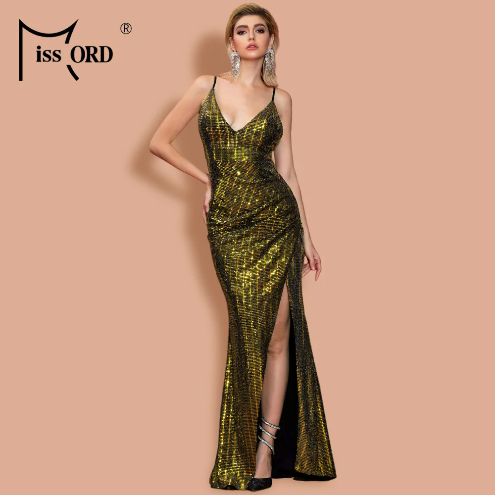 

Missord 2020 Womem Deep V Off Shoulder Backless Dresses Female Elegant High Split Shinny Sequin Maxi Dress FT19988-1