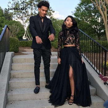 

SATONOAKI Prom Dresses 2019 Formal Evening Dress Party Gowns African Two Pieces Long Sleeve High Neck Front Split Black Girl