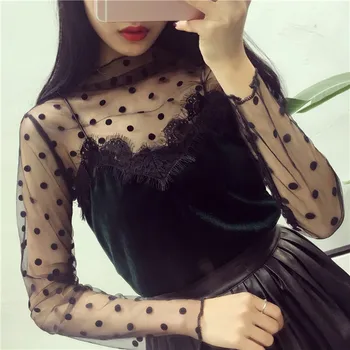 

Women Transparent High Neck Black Lace Bottoming Shirts Long Sleeve Trends Mesh Tops