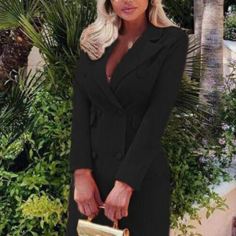 A Women Elegant Suit Coat Long Sleeve Double Breasted V Neck Formal Dresses Fall Winter XIN-Shipping - Цвет: A