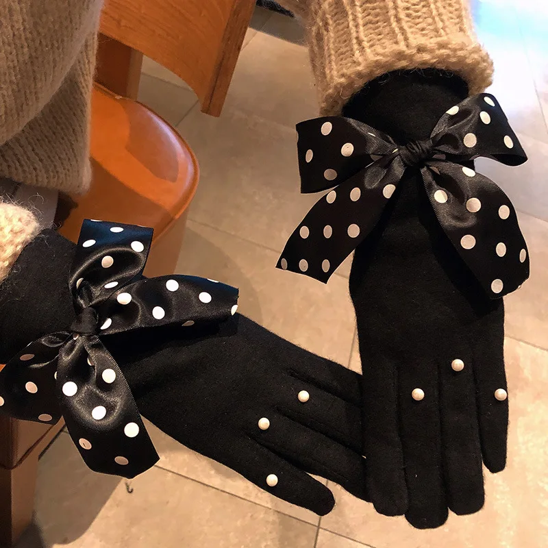 Женские перчатки в стиле барокко, стразы, жемчуг, шерсть, утолщение точек пальцев, перчатки для сенсорного экрана, женские кашемировые теплые, зимние, элегантные