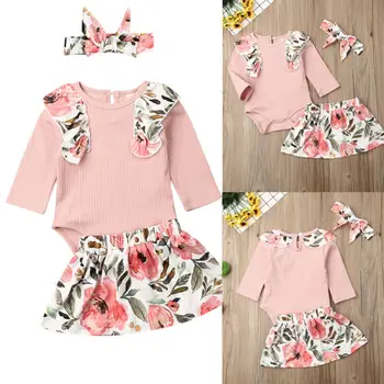 

CANIS Autumn Spring Baby Girl Cotton Long Sleeve Floral Printed Patchwork Tops Romper+Print Skirt+Headwear 3PCS Outfit Set