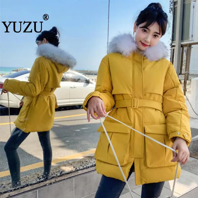

Korean Style 2019 Winter Jacket Women Faux Fur Collar Hooded Down Cotton With Belt Loose Long Coat Outwear Padded Jacket Parkas