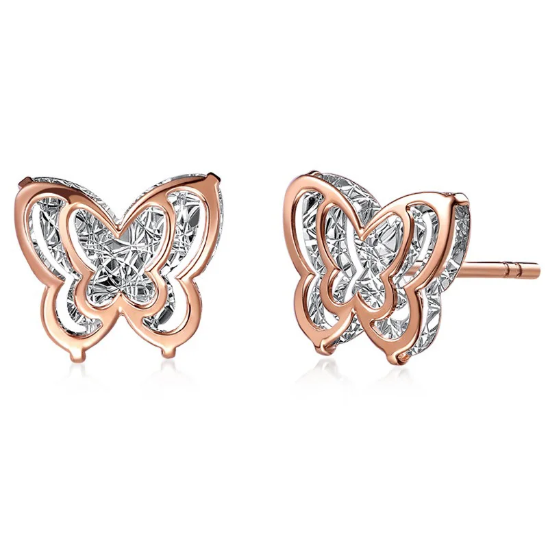 Мода покрытый 18 к настоящим True Rose твердое подлинное золото AU750 бабочки серьги-гвоздики Сережки для пирсинга для Для женщин девочек Мода высококлассные, ювелирное изделие, подарок