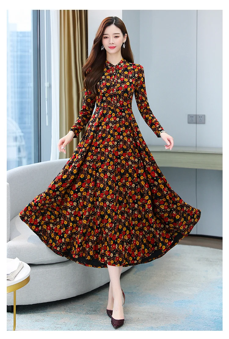 2021 Autumn New Arrival Hot Sale Stand Collar Flower Printed Long Sleeve Knitting Cotton A-LINE  Mid-Calf  Long Dress