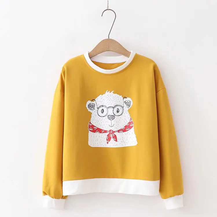 Цвет: желтый Merry Pretty женские короткие толстовки с рисунком медведя из мультфильма Harajuku толстовки Winte с длинным рукавом плюс бархатные милые пуловеры - Цвет: Цвет: желтый