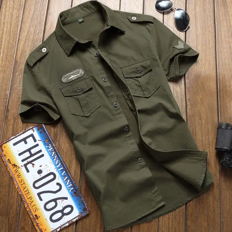 Military Shirt Men Tactics Short sleeve Summer Tops Solid color 100% Cotton Pocket 5XL Plus size Man Clothes Casual Short Sleeved Shirt Short Sleeved Shirt