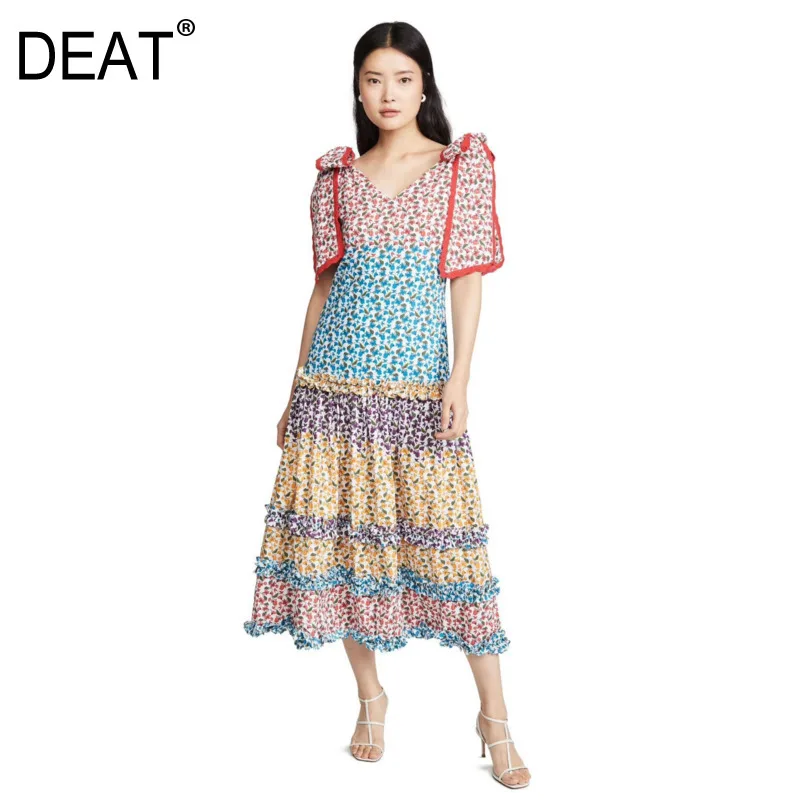 

DEAT 2020 new spring hit color print V-neck mid-length short sleeve dress women vintage loose temperament lace-up dress PD699