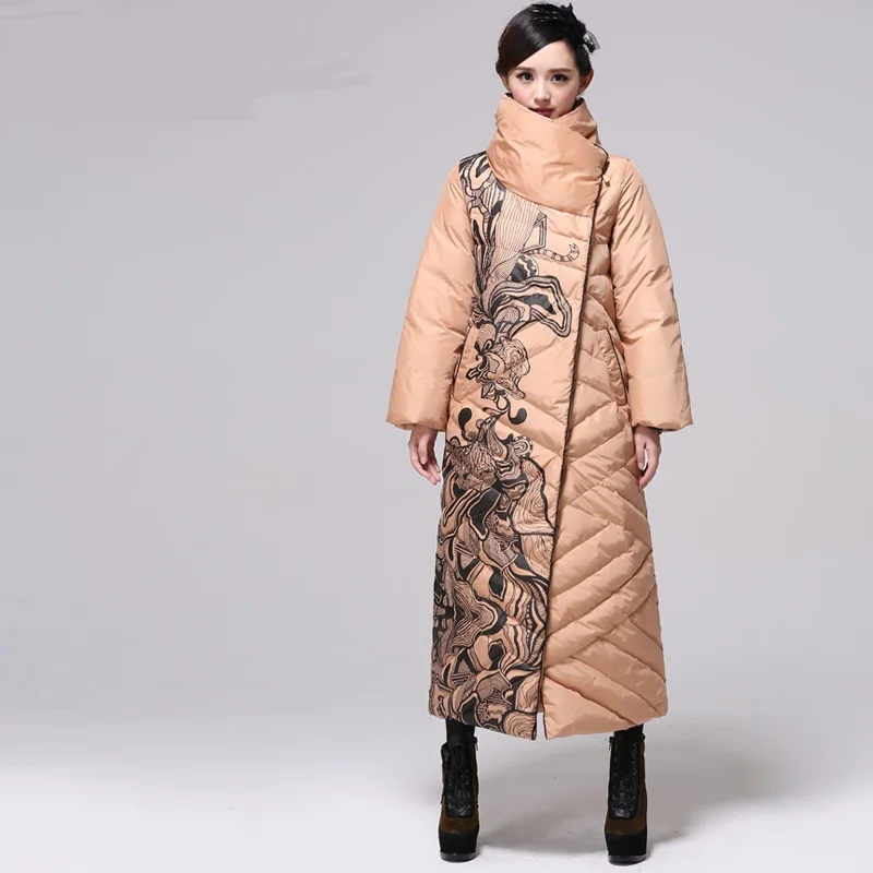 Зимнее длинное пальто выше колена в Ретро национальном стиле с принтом на утином пуху, женское модное пуховое пальто с воротником-стойкой, цвет хаки, белый, F343