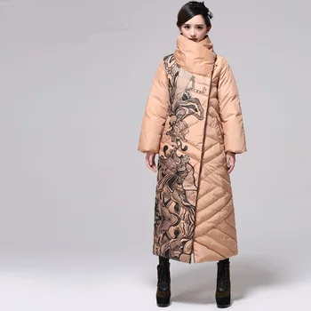 

Winter over the knee longer retro national style print duck down coat female fashion stand collar khaki white down coat F343