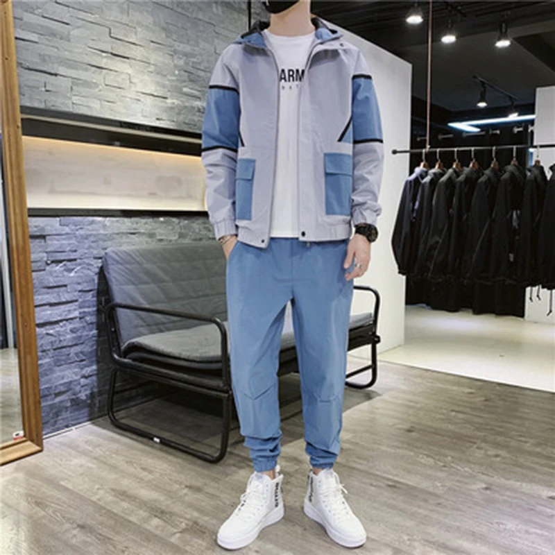 spring and autumn new zipper hooded suit men's casual clothing fashion style color matching hoodie men's suit