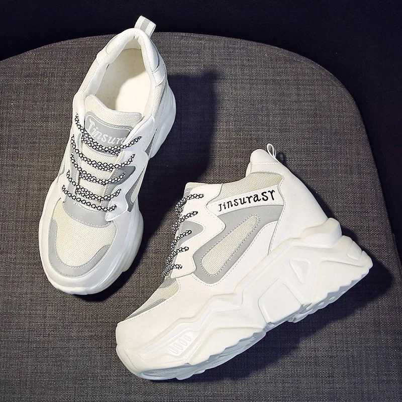 Белый Super High Heels Chunky Sneakers Women Autumn Thick Bottom Height Increasing casual shoes woman mesh platform Vulcanize - Цвет: Белый