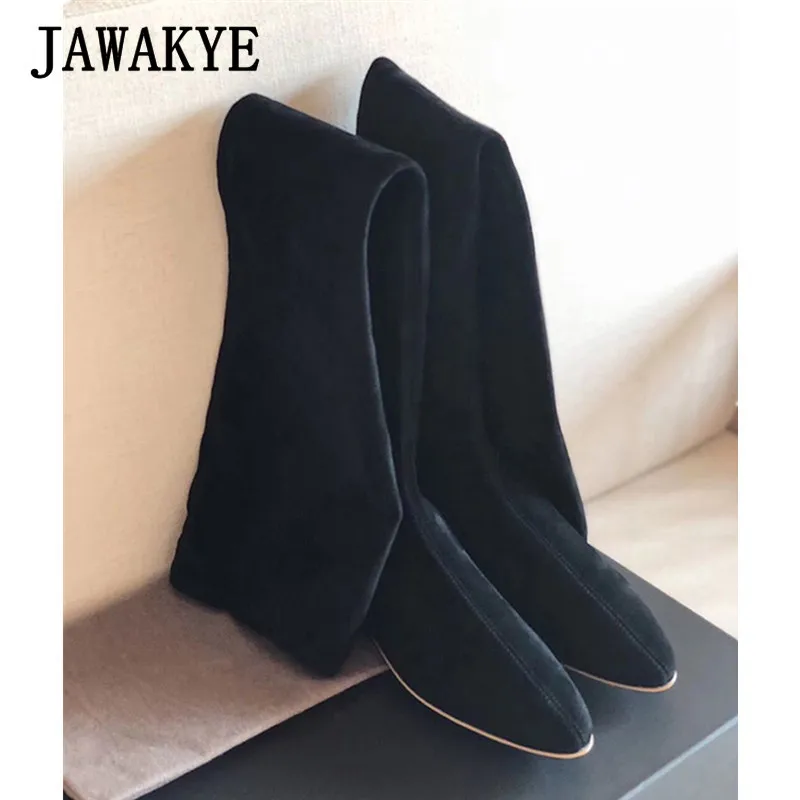black suede Новинка; эластичные облегающие дизайнерские высокие сапоги-носки; женские черные ботфорты из натуральной кожи на плоской подошве; женские ботфорты; рыцарские сапоги - Цвет: black suede
